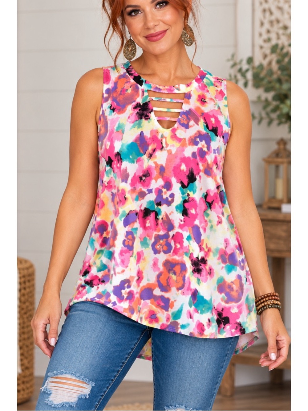 Sew in Love Colorful Floral Strappy Neck Tank Top 🌸- Large